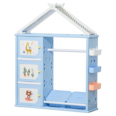 Qaba Kids Toy Storage Organizer with 2 Bins, Coat Hanger, Bookshelf and Toy Collection Shelves, Blue