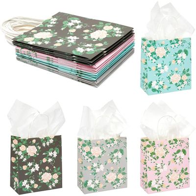 Sparkle and Bash Small Floral Kraft Gift Bags with Handles in 4 Colors (8 x 9 x 4 in, 12 Pack)