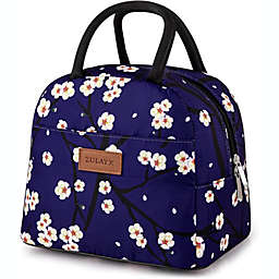 Zulay Kitchen Insulated Lunch Box With Soft Padded Handles - Dark Blue with White Flowers