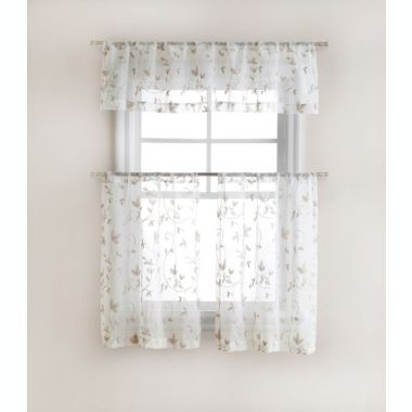 Kate Aurora Floral Embroidered Sheer Rod Pocket Kitchen Curtain Tier & Valance Set - 58 in. W x 15 in. L, Taupe. View a larger version of this product image.