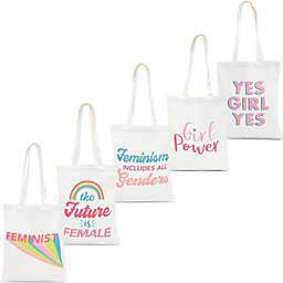 Sparkle and Bash Feminist 100% Cotton Canvas Tote Bags (5 Pack) 5 Designs, Medium