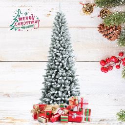 Gymax 4.5/6.5/7.5 FT Artificial Slim Christmas Tree Unlit Snow-Flocked Xmas Pencil Tree