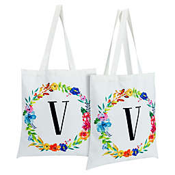 Okuna Outpost Set of 2 Reusable Monogram Letter V Personalized Canvas Tote Bags for Women, Floral Design (29 Inches)