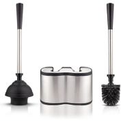 UMIEN Toilet Brush and Plunger Set - Stainless Steel Plunger and Toilet Brush Combo with Freestanding Canister - Modern and Sleek Bathroom Cleaning Accessories