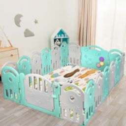 Costway 18-Panel Baby Playpen with Music Box & Basketball Hoop-Gray