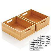 mDesign Bamboo Home Office Supplies Organizer Box with Handles and 32 Labels, 2 Pack - Natural