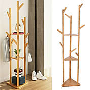 Kitcheniva Solid Bamboo Hall Tree 10-Hook Clothes Coat Rack 3-Tier Corner Home Garment Shelf