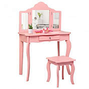Costway Kids Makeup Dressing Mirror Vanity Table Stool Set-Pink