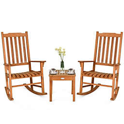 Costway-CA 3 Pieces Eucalyptus Rocking Chair Set with Coffee Table