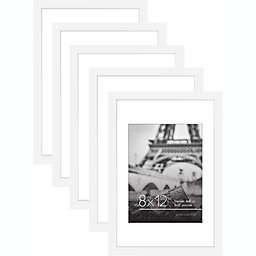 Americanflat 8x12 Picture Frame in White - Displays 6x8 With Mat and 8x12 Without Mat - Set of 5 Frames with Sawtooth Hanging Hardware For Horizontal and Vertical Display