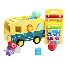 Leo & Friends School Bus Pound and Tap Bus Bench, Wooden Toy Bus with Slide Out Xylophone   Durable Musical Pounding Toy   8 Colorful Blocks, 1 Hammer, and 1 Rainbow Xylophone Included   Perfect Educational Gift for Toddlers