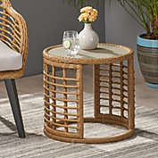 GDF Studio Anne Indoor Modern Boho Wicker Side Table with Tempered Glass Top