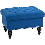Halifax North America 25" Storage Ottoman with Removable Lid, Button-Tufted Fabric Bench for Footrest and Seat with Wood Legs, Blue