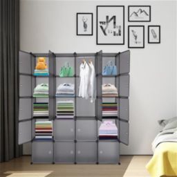Infinity Merch 20 Cube Stackable Plastic Cube Storage Shelves with Hanging Rod in Gray
