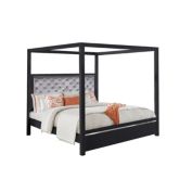 Saltoro Sherpi Abrie Solid Wood Canopy Queen Bed, Button Tufted, Touch LED, Dark Gray-
