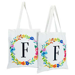 Okuna Outpost Set of 2 Reusable Monogram Letter F Personalized Canvas Tote Bags for Women, Floral Design (29 Inches)