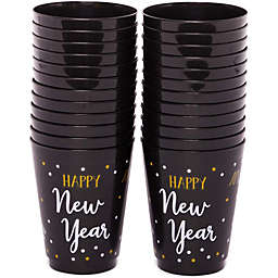 Sparkle and Bash Happy New Year Party Cups, Reusable Plastic NYE Party Supplies (Black, 16 oz, 24 Pack)