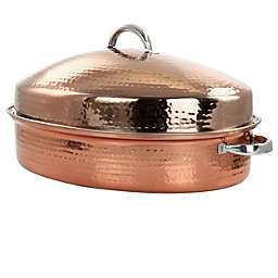 Gibson Home Radiance 17.5 Inch Stainless Steel Copper Plated Oval Roaster with Lid and Roasting Rack