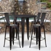 Flash Furniture Callum Commercial Grade 30" Round Black-Antique Gold Metal Indoor-Outdoor Bar Table Set with 4 Cafe Stools