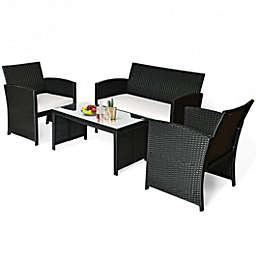 Costway 4 Pcs Wicker Conversation Furniture Set Patio Sofa and Table Set-White