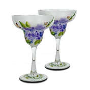 Crafted Creations Set of 2 Green and Blue Floral Hand Painted Margarita Drinking Glasses 12 oz.