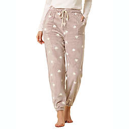 Allegra K Women's Heart Drawstring with Pockets Plush Pajama Pants, S Khaki
