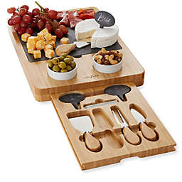 Bamboo Cheese Board Gift Set with Slate Tray, 4 Knives, 2 Dip Bowls
