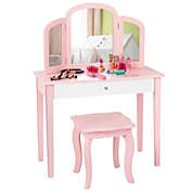 Gymax Kids Vanity Princess Make Up Dressing Table W/ Tri-folding Mirror & Chair Pink
