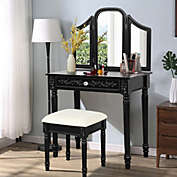 Slickblue Vanity Dressing Makeup Table Set with Tri-Folding Mirror and Stool-Black