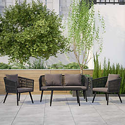 Emma and Oliver Alfresco Black & Gray Woven All-Weather Four-Piece Conversation Set with Cushions & Metal Coffee Table for Porch, Backyard and Patio