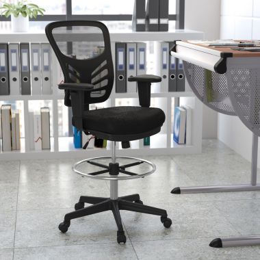 Flash Furniture Tyler Mid-Back Black Mesh Ergonomic Drafting Chair with Adjustable Chrome Foot Ring, Adjustable Arms and Black Frame. View a larger version of this product image.