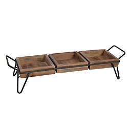 Benzara DunaWest Artisinal Wood Serving Tray, 3 Seperate Sections and Metal Frame, Brown, Black