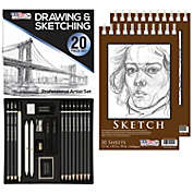 U.S. Art Supply 20 Piece Professional Hi-Quality Artist Sketch Set in Hard Storage Case - Sketch & Charcoal Pencils, Pastel, Stumps, Eraser, Sharpeners - Bonus Pack of 2-5.5" x 8.5" Sketch Pads