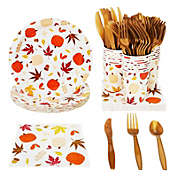 Juvale Autumn Paper Plates and Napkins, Cups, Cutlery for Thanksgiving, Fall Party Supplies (Serves 24, 144 Pieces)