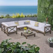 GDFStudio Great Deal Furniture Keith Outdoor Acacia Wood 10 Seater U-Shaped Sectional Sofa Set with Two Coffee Tables