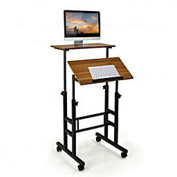 Costway Height Adjustable Mobile Standing Desk with rolling wheels for office and home-Walnut