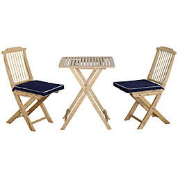Outsunny 3 Piece Patio Bistro Set, Folding Outdoor Wood Chairs and Table Set with Padded Cushions for Poolside Garden, Natural