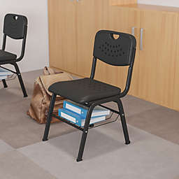 Emma + Oliver Black Plastic Student Classroom Chair with Book Basket