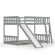 Slickblue Twin over Twin Bunk Wooden Low Bed with Slide Ladder for Kids-Gray