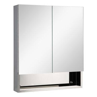 kleankin Bathroom Mirrored Cabinet, 28" x 24" Stainless Steel Frame Medicine Cabinet, Wall-Mounted Storage Organizer with Double Doors and Open Shelf, Silver