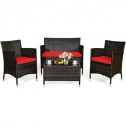 Costway 4 Pieces Rattan Outdoor Patio Conversation Furniture Set with Glass Table and Comfortable Wicker Sectional Sofa