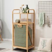 Slickblue Tilt-out Bamboo Laundry Hamper  with 2-Tier Shelf and Removable Liner