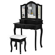 Slickblue 4 Drawers Wood Mirrored Vanity Dressing Table with Stool
