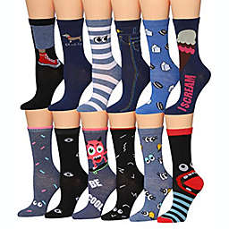 Tipi Toe, Women's 12 Pairs Colorful Patterned Crazy Eyes & Novelty Monster Crew Socks (WC46-AB)