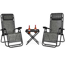 Costway-CA 3 Pieces Folding Portable Zero Gravity Reclining Lounge Chairs Table Set-Gray
