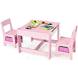 Gymax 3 in 1 Kids Wood Table Chairs Set w/ Storage Box Blackboard Drawing Pink