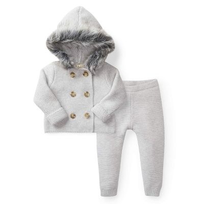 Hope & Henry Baby Faux Fur Hooded Sweater Set (Gray with Gray Faux Fur, 0-3 Months)