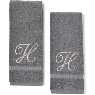 Juvale Monogrammed Hand Towel, Embroidered Letter H (16 x 30 in, Grey, Set of 2)