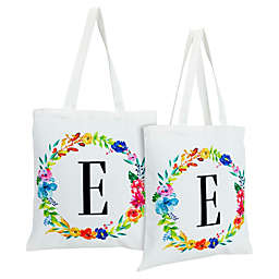Okuna Outpost Set of 2 Reusable Monogram Letter E Personalized Canvas Tote Bags for Women, Floral Design (29 Inches)