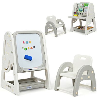 Slickblue 2 in 1 Kids Easel Desk Chair Set Book Rack Adjustable Art Painting Board-Gray